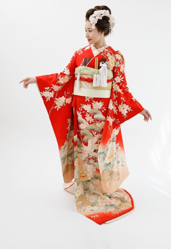 引き振袖 赤 桜菊牡丹